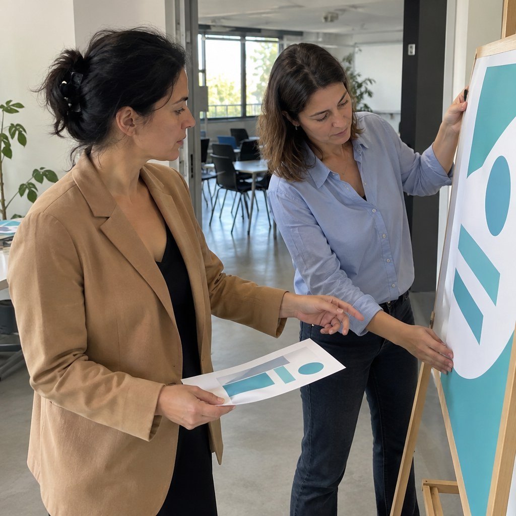 Illustration de Nadia et de sa chargée de communication vérifiant un panneau d’accueil pour les portes ouvertes de leur organisme de formation.