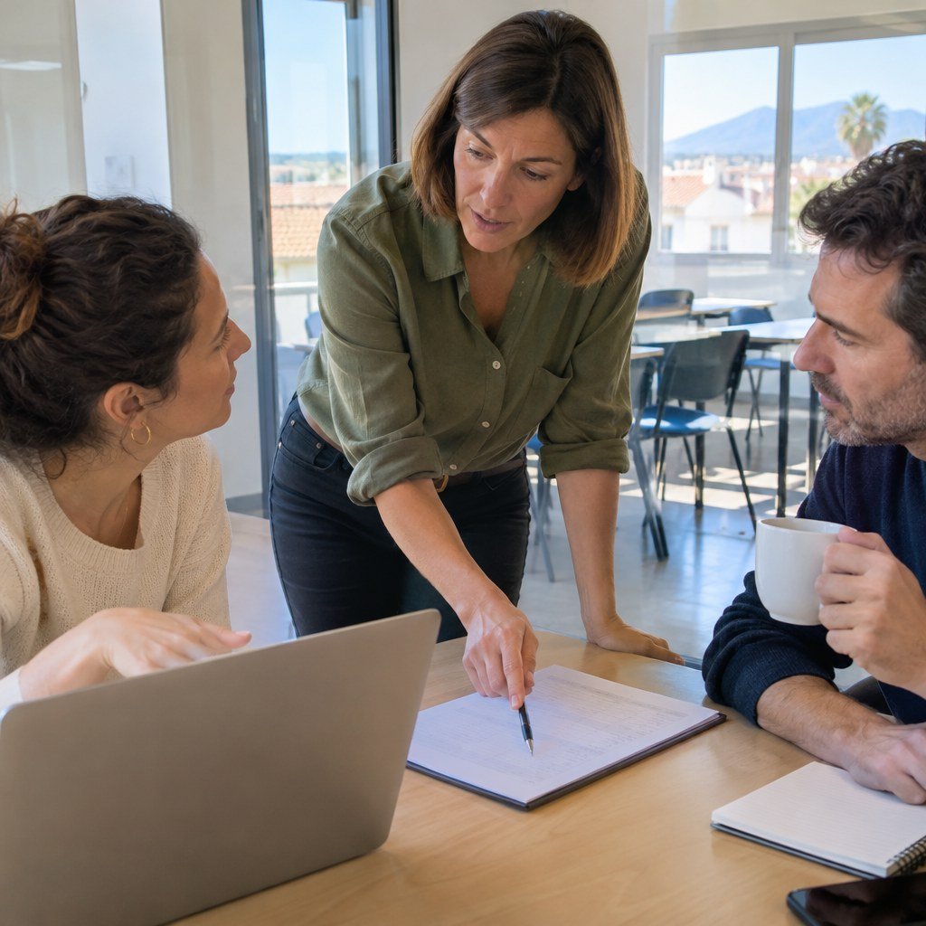 Illustration de Sophie, dirigeante d’un organisme de formation, examinant le suivi des prospects avec deux membres de son équipe.