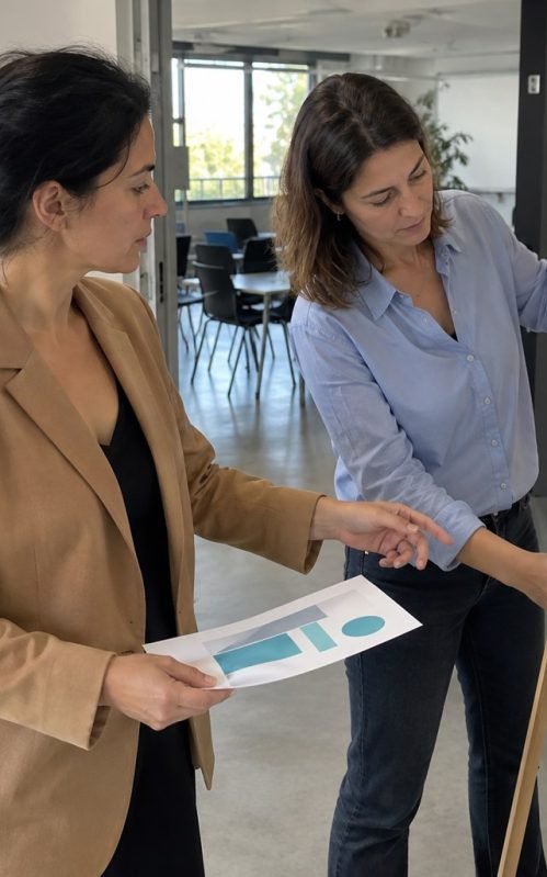 Illustration de Nadia et de sa chargée de communication vérifiant un panneau d’accueil pour les portes ouvertes de leur organisme de formation.